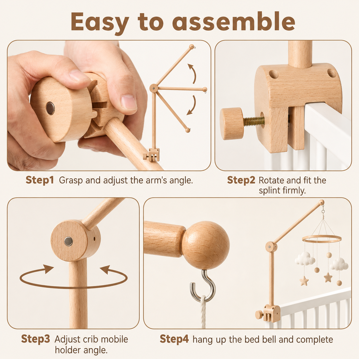 Instructional graphic showing how to assemble a wooden crib mobile with four panels: Step 1 shows hands adjusting the arm angle, Step 2 shows rotating and fitting the splint, Step 3 shows adjusting the crib mobile holder angle, and Step 4 shows hanging up the bed bell and completing the assembly.