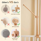 A wooden baby crib safety guard shown mounted on a crib rail next to a beige curtain, with a comparison graphic on the left titled 'Other's VS Our's' showing feature highlights like a solid base, 360-degree adjustability, and smooth finish.