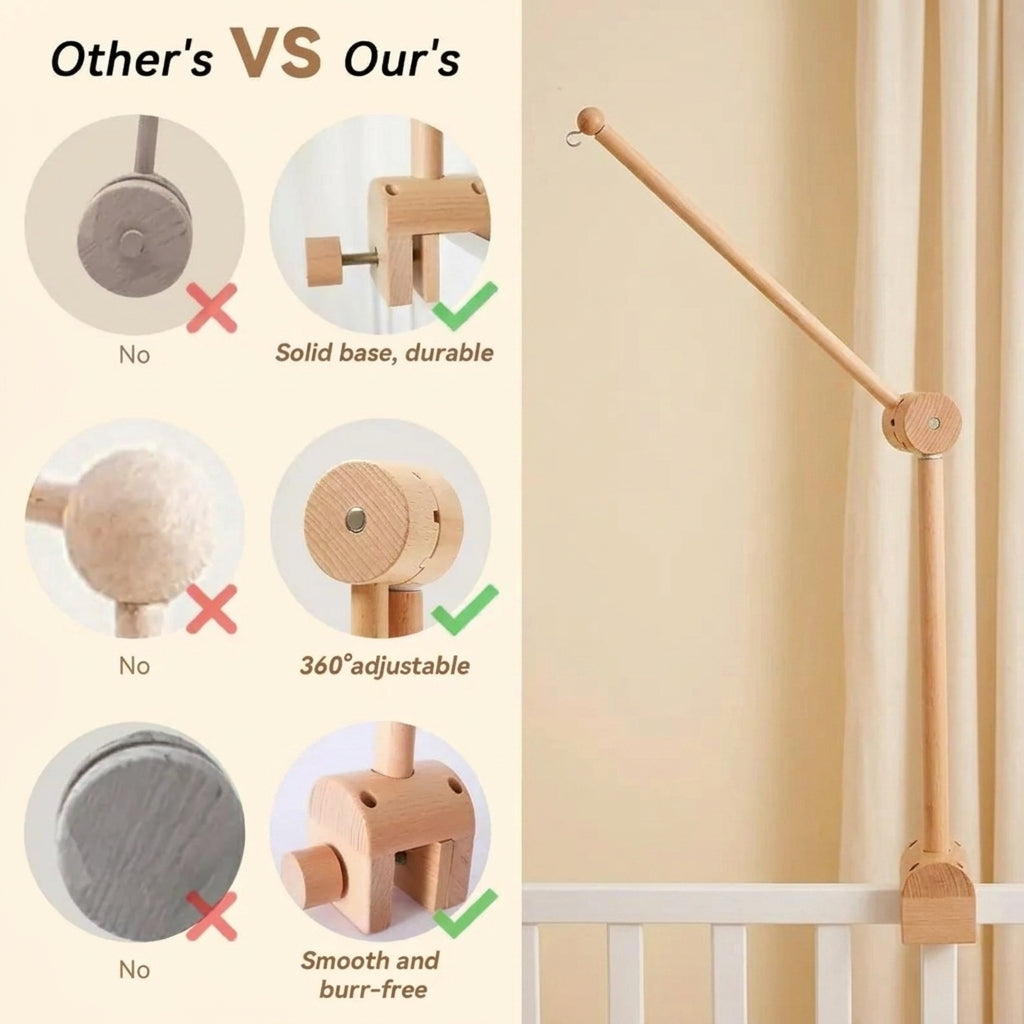 A wooden baby crib safety guard shown mounted on a crib rail next to a beige curtain, with a comparison graphic on the left titled 'Other's VS Our's' showing feature highlights like a solid base, 360-degree adjustability, and smooth finish.