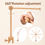 A wooden spinning wheel with text reading '360° Rotation adjustment' and three inset circles showing hands turning the wheel, the arm at an angle, and the multi-spoke wheel design.