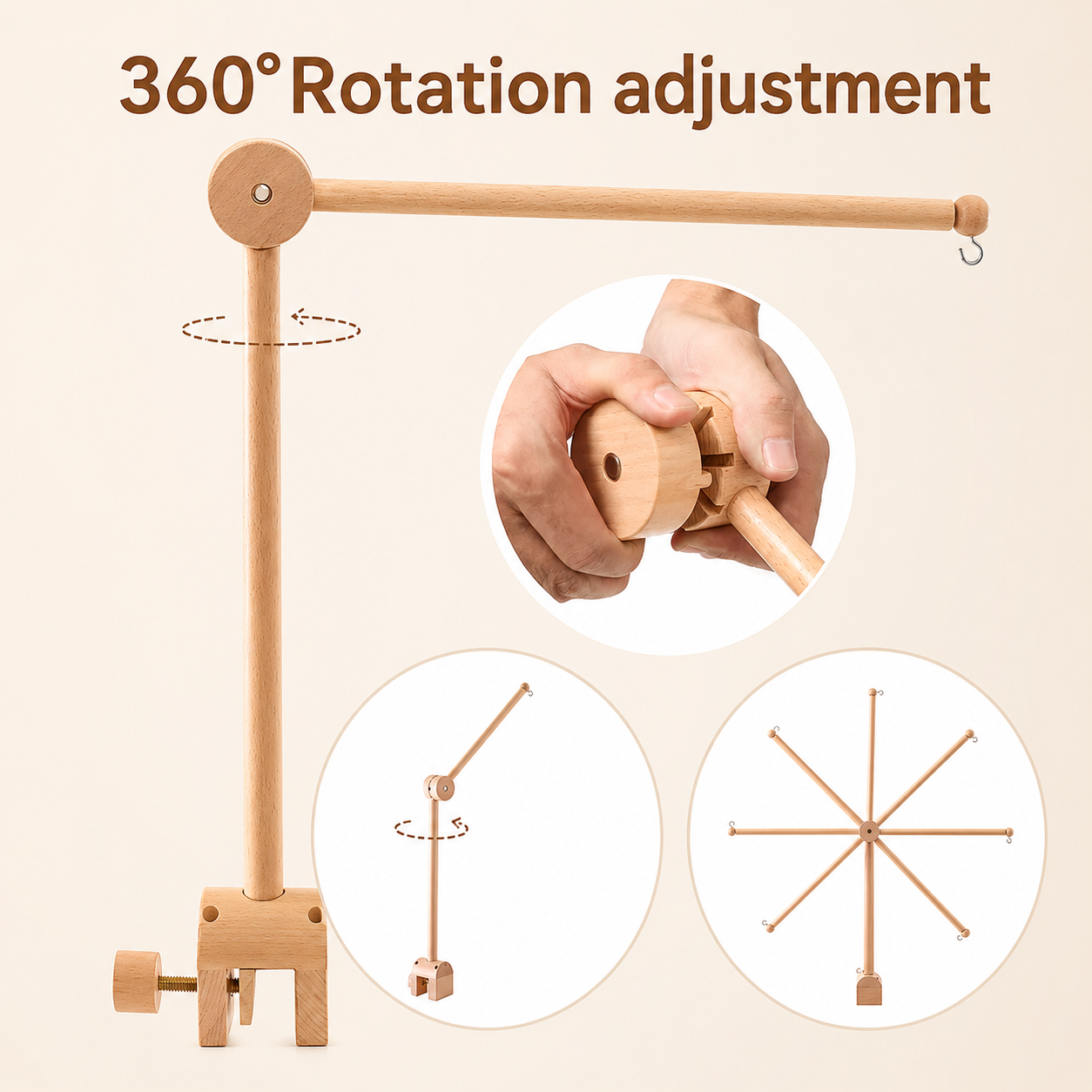 A wooden spinning wheel with text reading '360° Rotation adjustment' and three inset circles showing hands turning the wheel, the arm at an angle, and the multi-spoke wheel design.