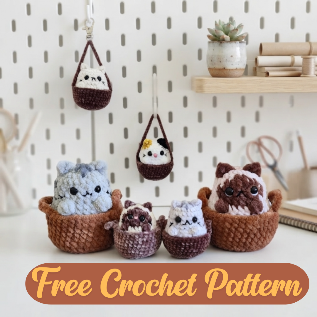 Cozy Cats Crochet Pattern, Cute Kitty Basket Keychain PDF Free Gift