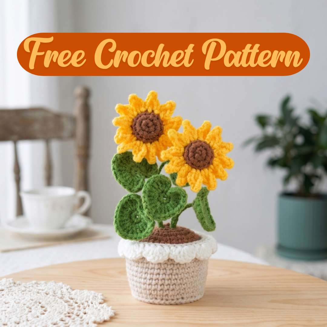 Crochet Sunflower Pot Pattern, Cute Floral Plant PDF Free Gift