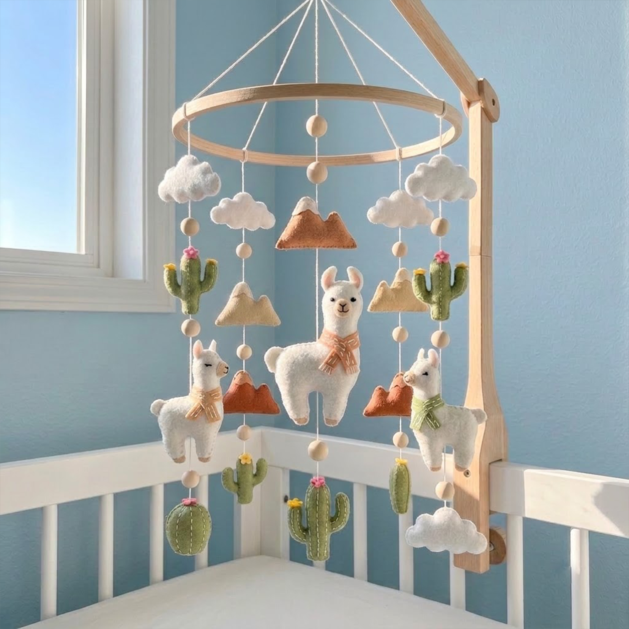 Desert Llama Felt Nursery Mobile, Handmade Cactus Crib Hanging with Mountains, Clouds and Boho Details