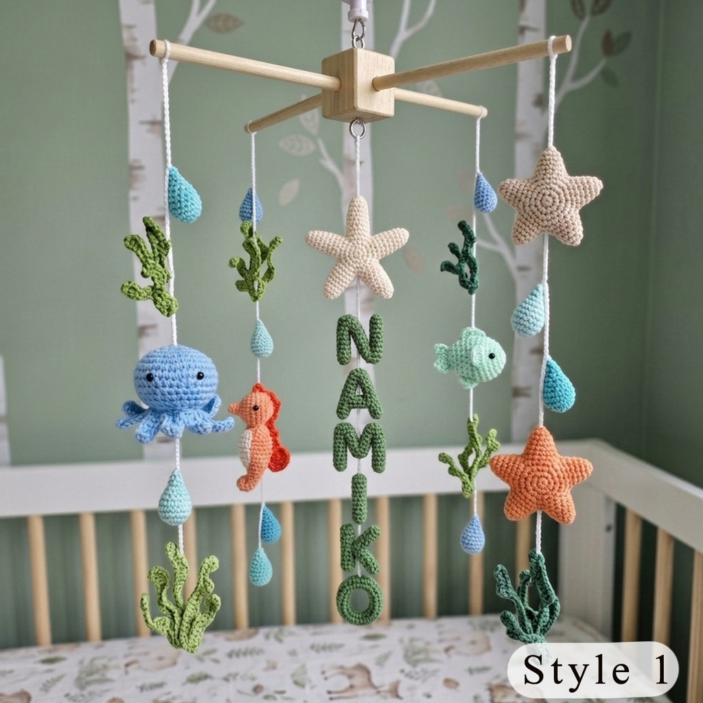 Personalized Ocean Name Crochet Baby Mobile, Handmade Underwater Crib Decor with Octopus, Seahorse and Starfish