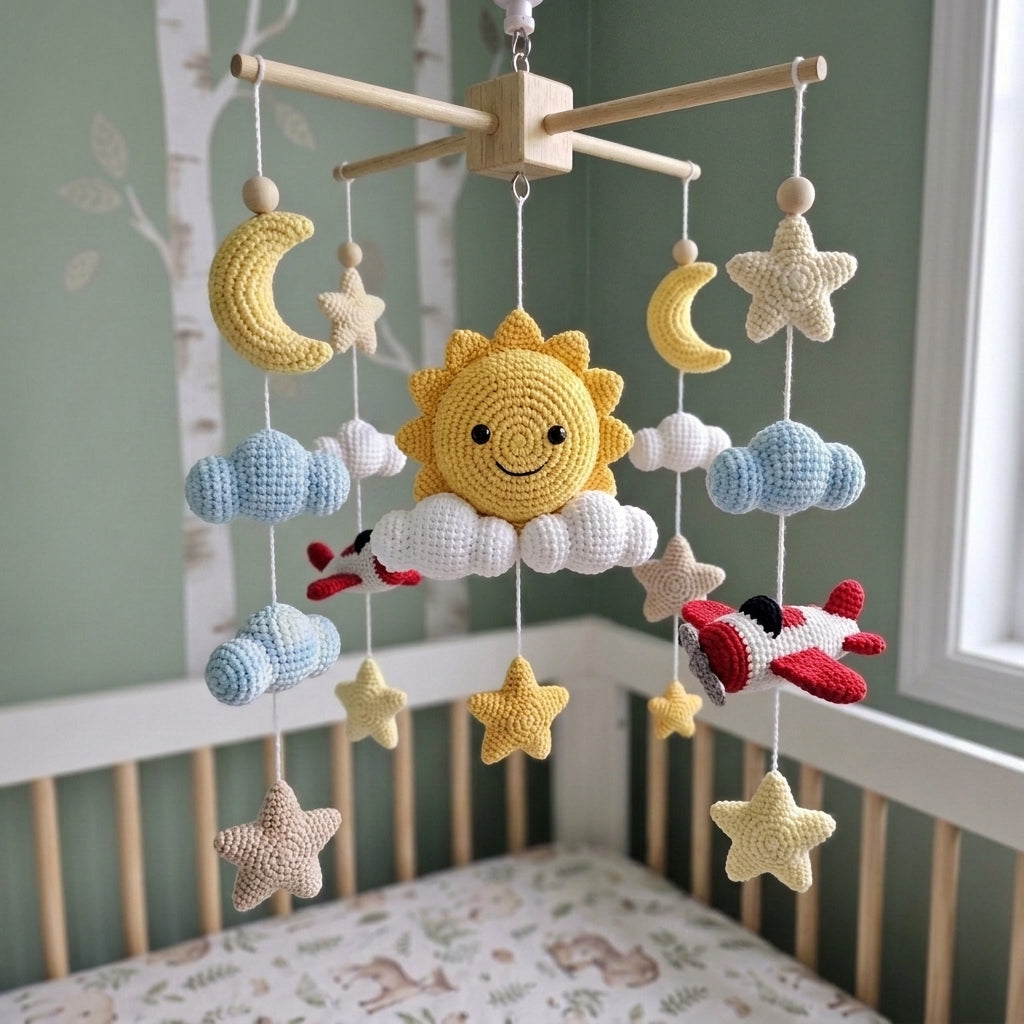 Skybound Adventure Crochet Baby Mobile, Handmade Airplane Crib Hanging with Smiling Sun, Moon, Clouds and Stars