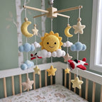 Skybound Adventure Crochet Baby Mobile, Handmade Airplane Crib Hanging with Smiling Sun, Moon, Clouds and Stars