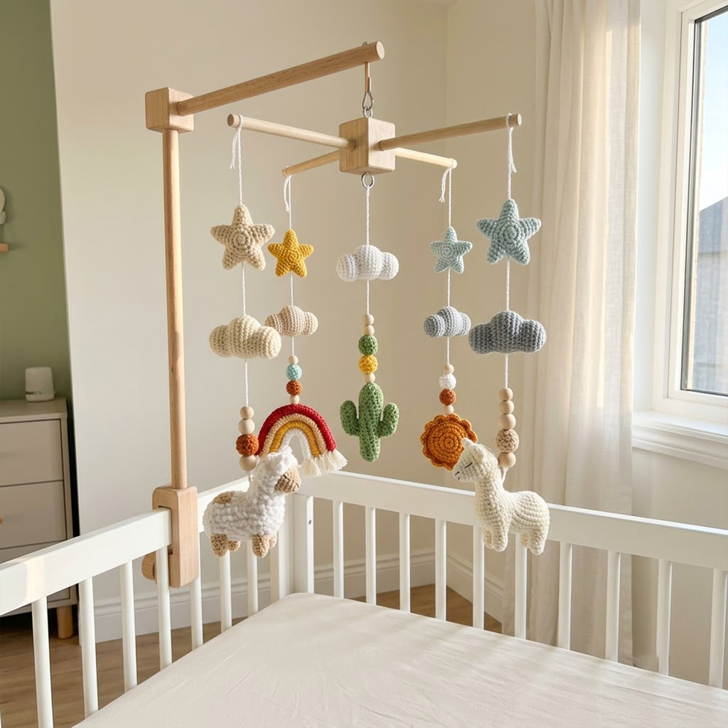 Boho Llama Crochet Baby Mobile, Handmade Desert Crib Hanging with Rainbow, Cactus, Stars and Clouds