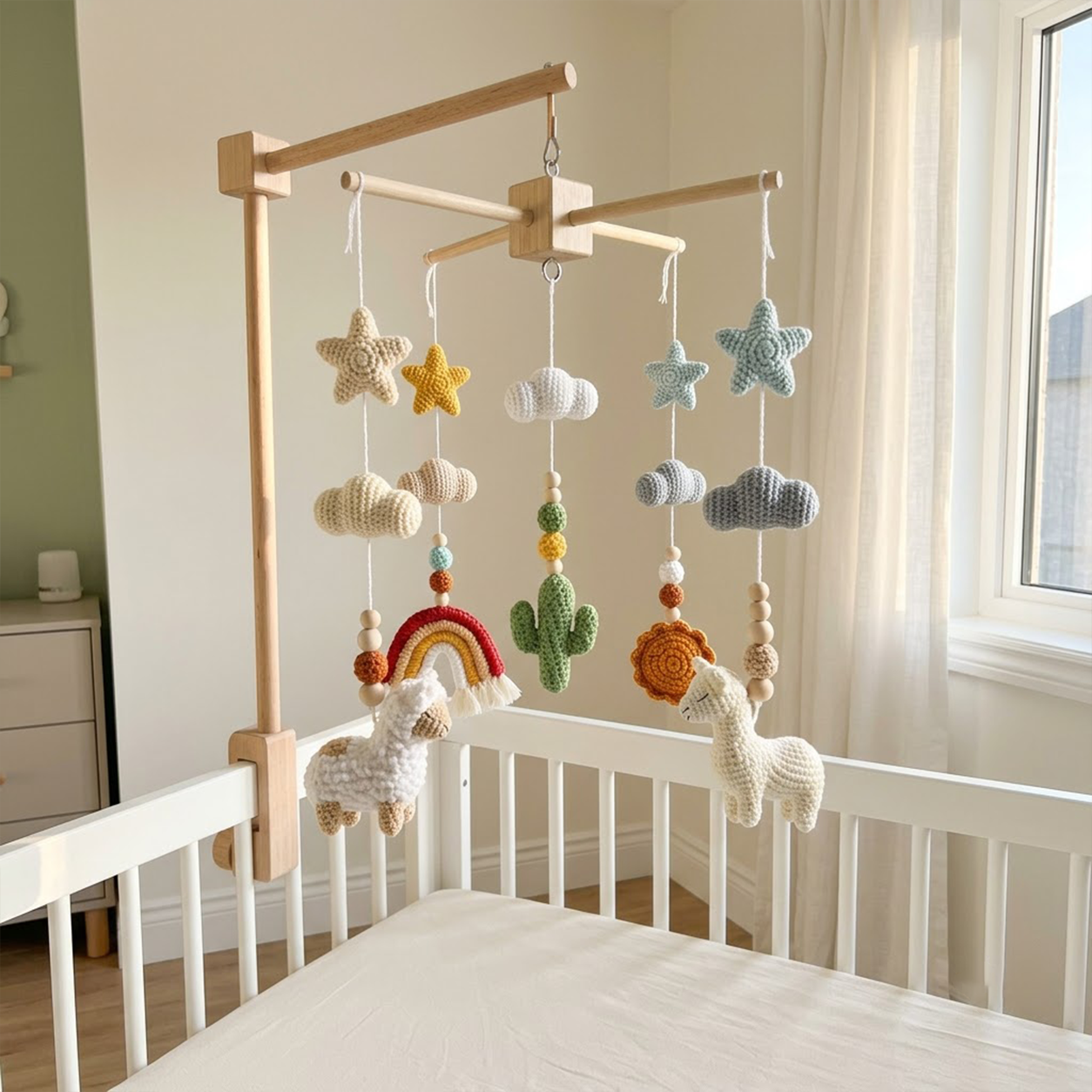 Boho Llama Crochet Baby Mobile, Handmade Desert Crib Hanging with Rainbow, Cactus, Stars and Clouds