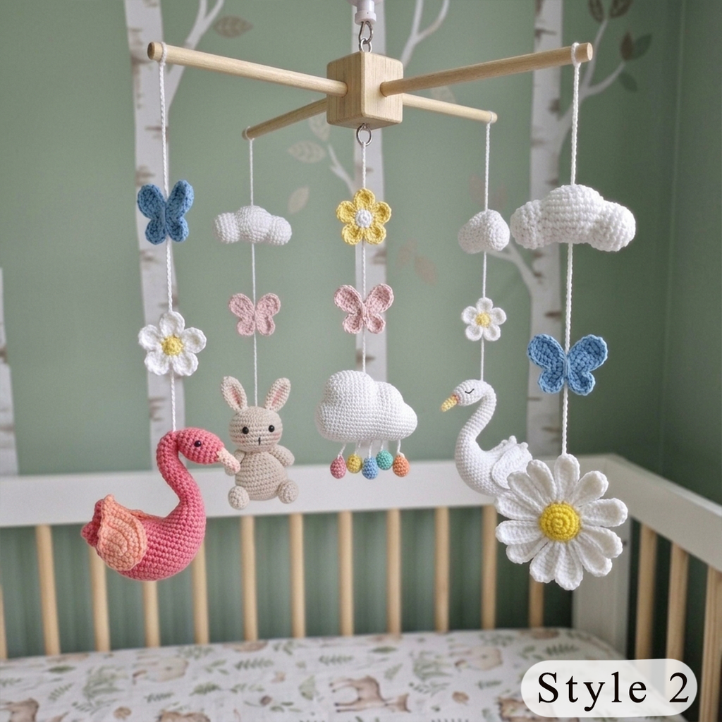 Garden Lake Crochet Baby Mobile, Handmade Swan and Flamingo Crib Hanging with Bunny, Butterflies and Flowers
