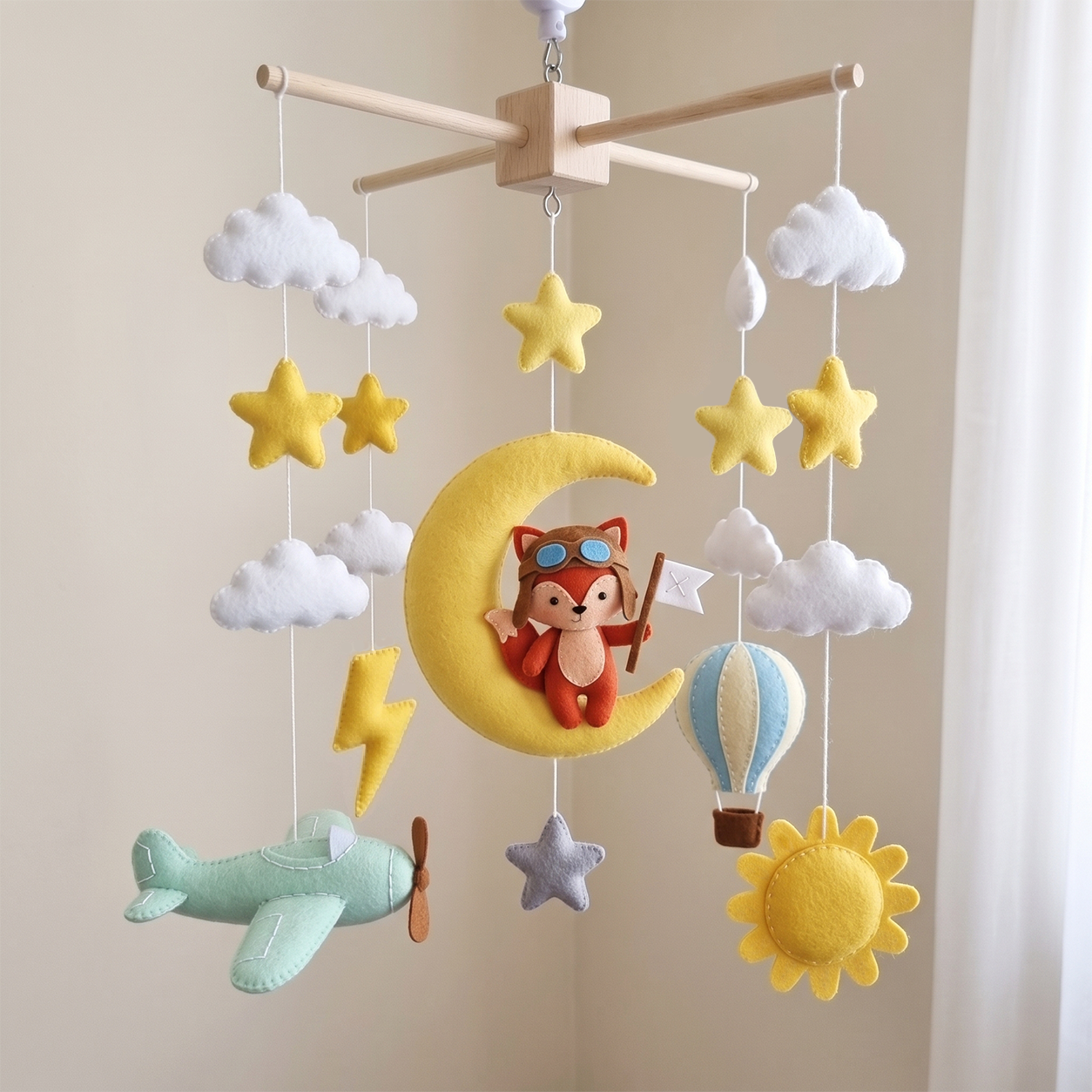 Aviator Fox Felt Baby Mobile, Moon and Stars Crib Mobile with Airplane & Hot Air Balloon, Adventure Nursery Decor