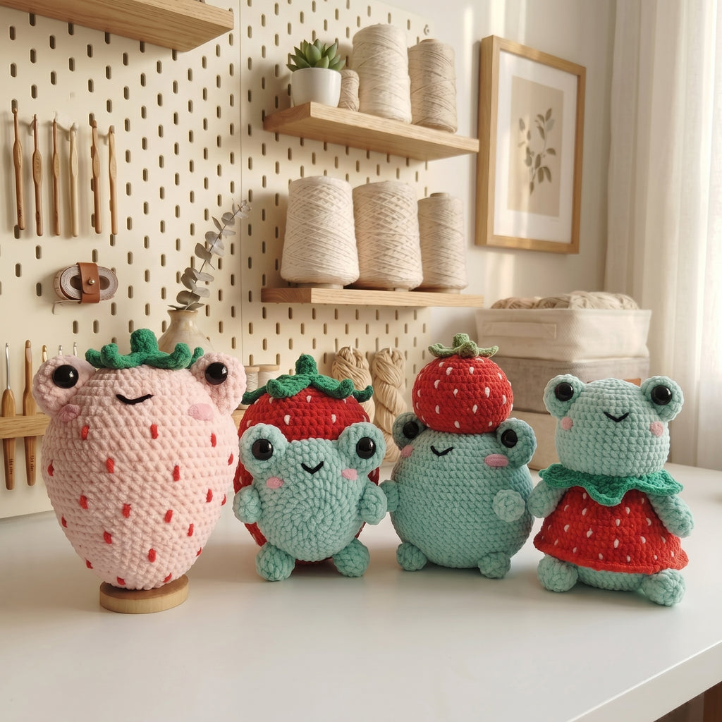Strawberry Frog Crochet Pattern Bundle PDF, 4 Cute Amigurumi Frog Designs, Kawaii Plush Digital Download
