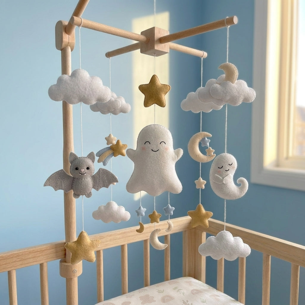 Felt Ghost Baby Mobile, Cute Bat Moon Stars Clouds Nursery Crib Decor