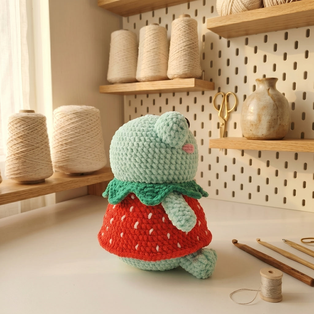 Frog Crochet Pattern, Cute Frog in Strawberry Dress Amigurumi Tutorial