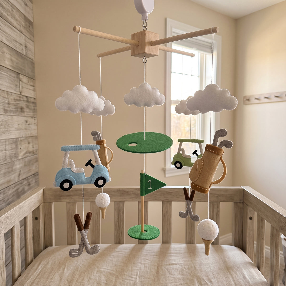 Felt golf baby mobile with golf carts, golf bags, clubs, putting green, golf balls and clouds for nursery decor