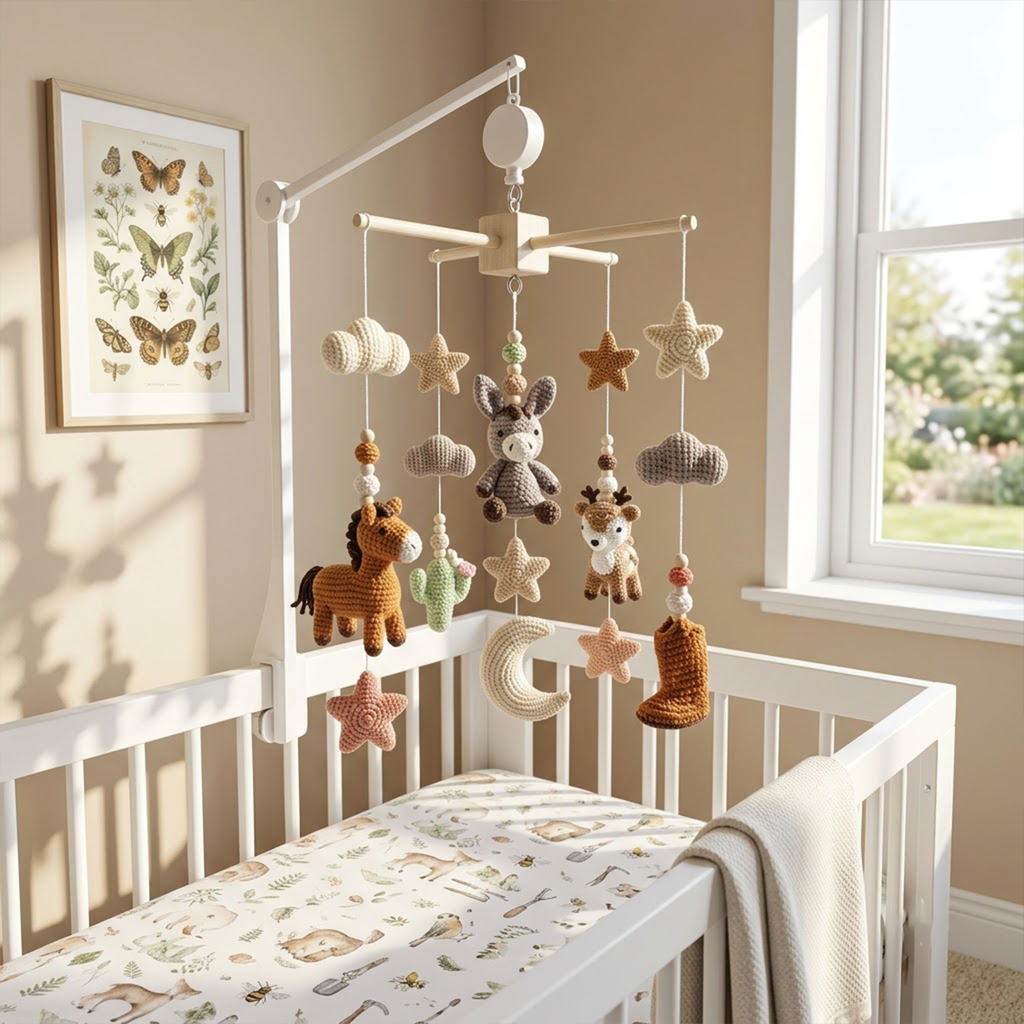 Western Cowboy Crochet Baby Mobile, Handmade Ranch Crib Hanging with Moon, Stars, Cactus and Boot  Tags: