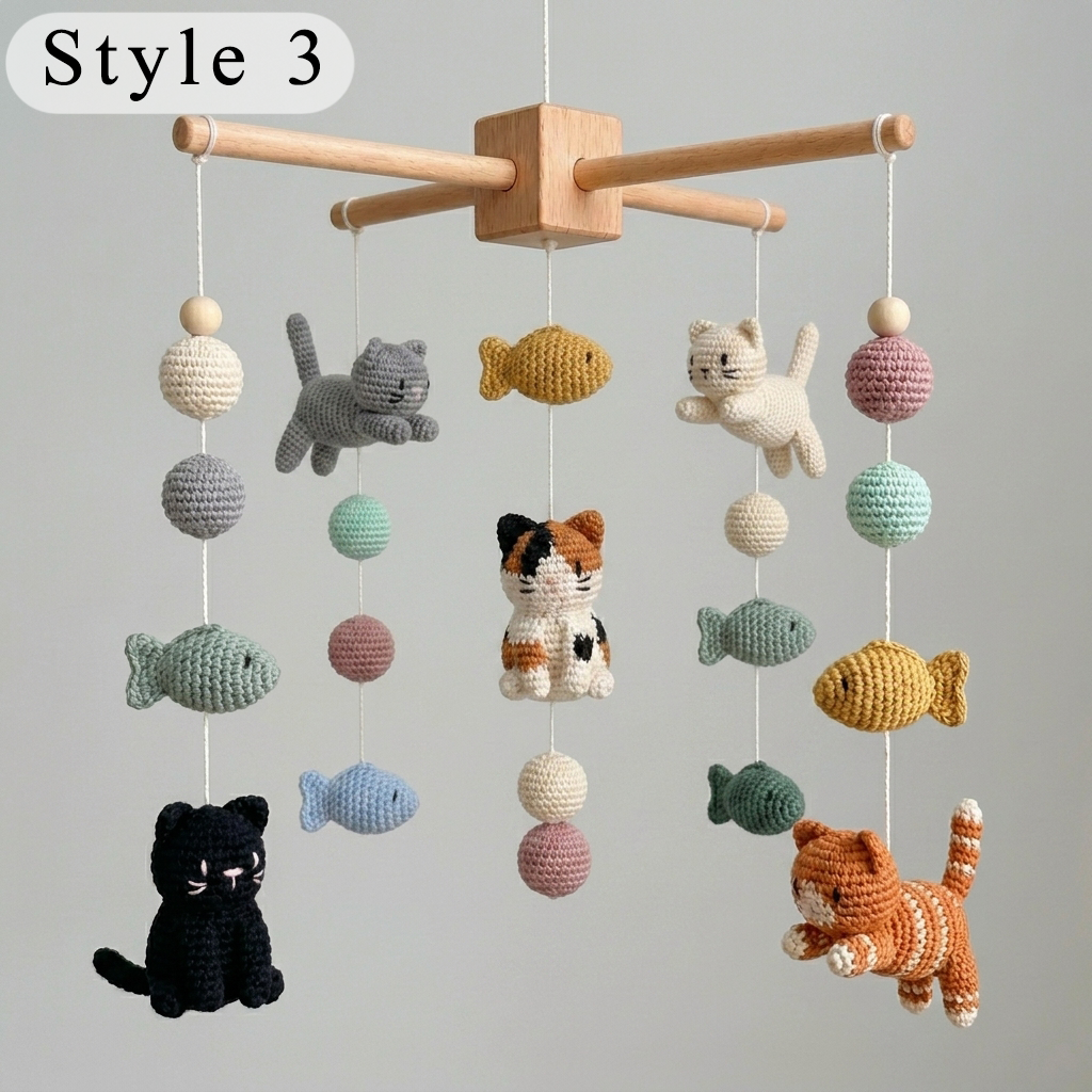 Handmade Crochet Cat Baby Mobile with Fish – Nursery Crib Decor