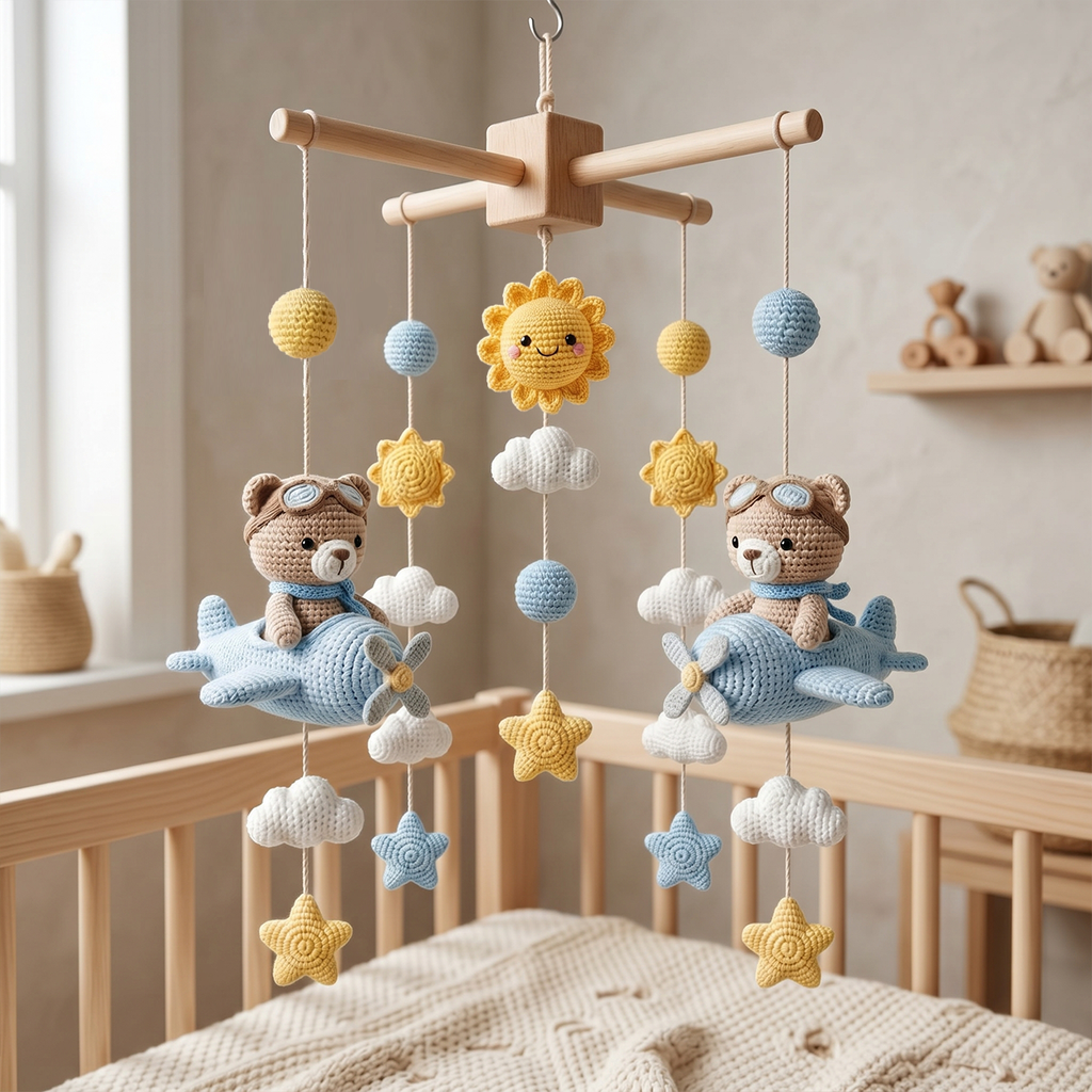 Handmade Crochet Airplane Bear Baby Mobile – Aviation Nursery Decor