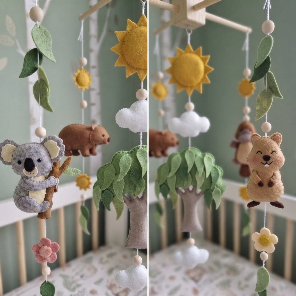 Australian Wildlife Felt Baby Mobile, Handmade Eucalyptus Nursery Crib Decor, Sunshine Baby Shower Gift