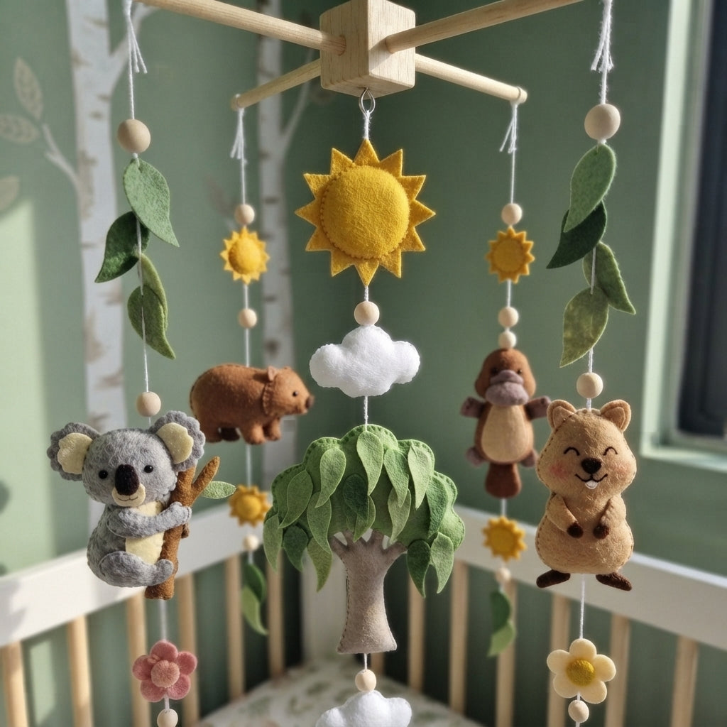 Australian Wildlife Felt Baby Mobile, Handmade Eucalyptus Nursery Crib Decor, Sunshine Baby Shower Gift