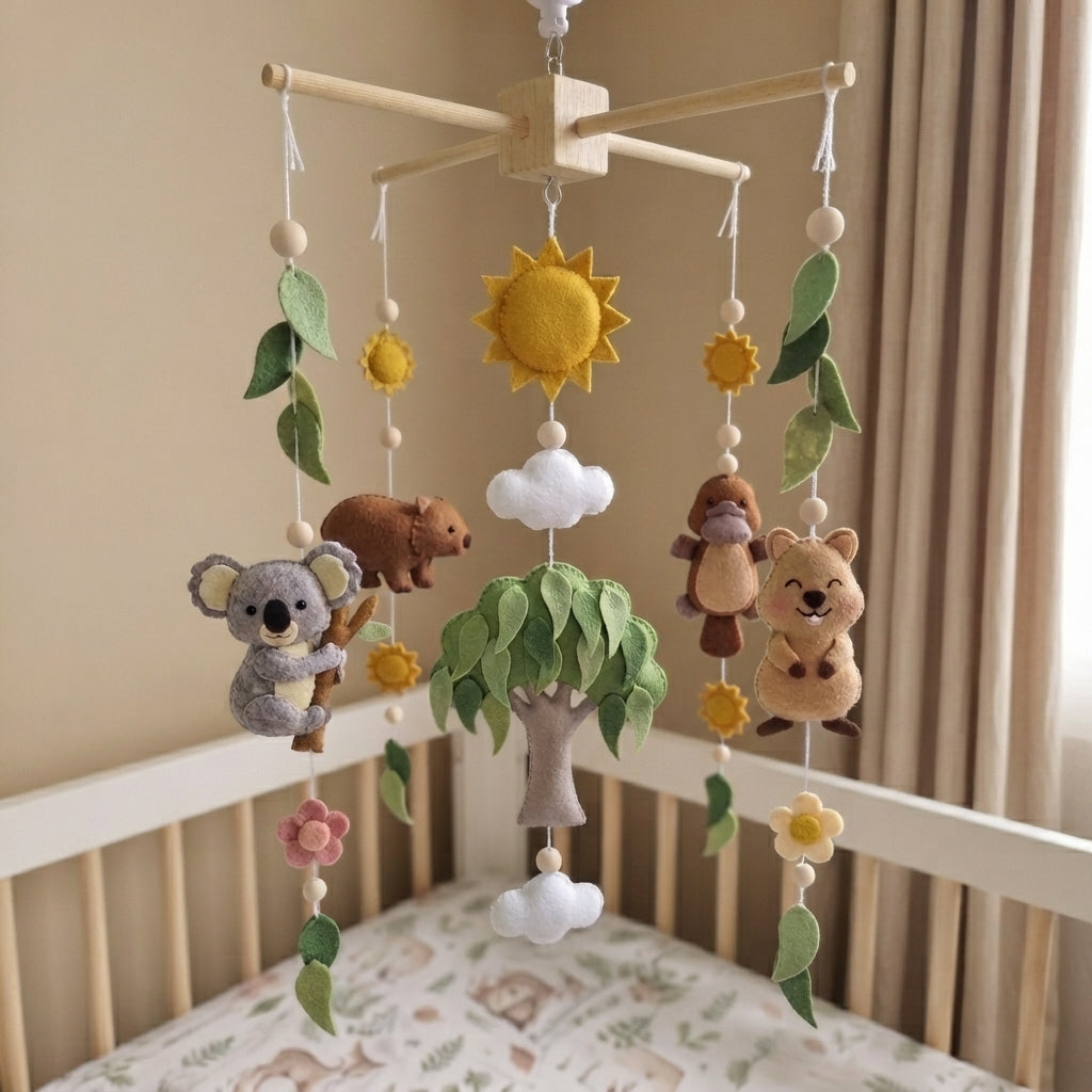 Australian Wildlife Felt Baby Mobile, Handmade Eucalyptus Nursery Crib Decor, Sunshine Baby Shower Gift