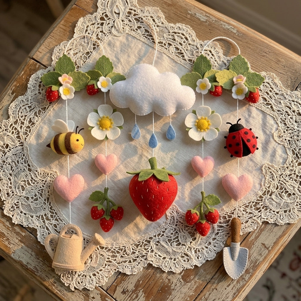 Felt Strawberry Garden Baby Mobile, Bunny Mouse Bee Ladybug Daisies Leaves Nursery Crib Decor