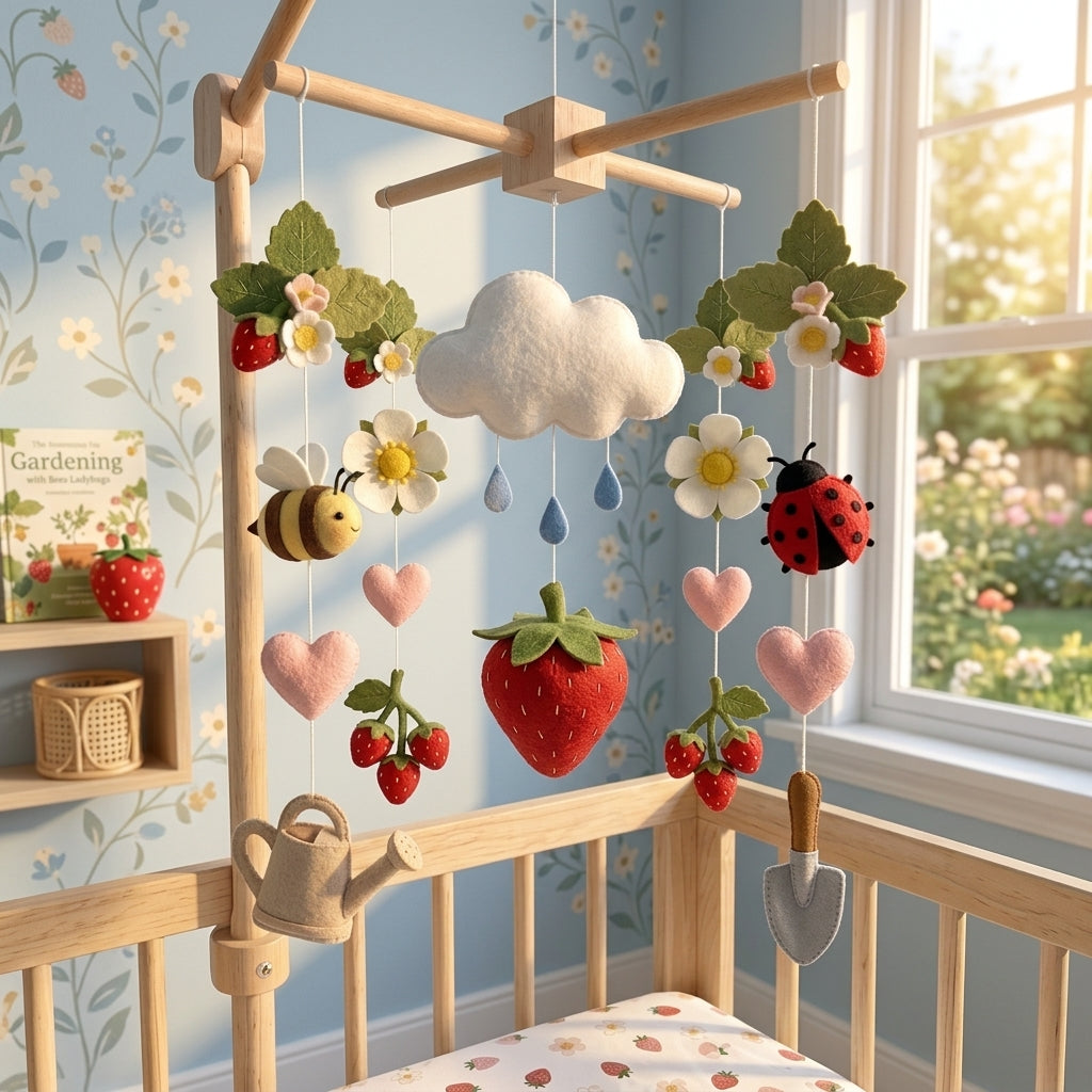 Felt Strawberry Garden Baby Mobile, Bunny Mouse Bee Ladybug Daisies Leaves Nursery Crib Decor