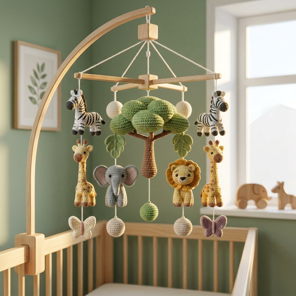 Crochet safari baby mobile with zebras, giraffes, elephant, lion, jungle tree, leaves and butterflies