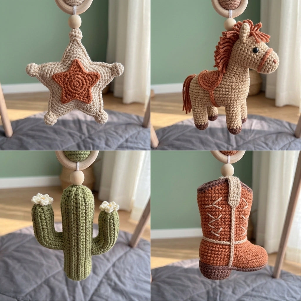 A four-panel collage showing crocheted hanging toys: a cream star with an orange center, a tan horse with rust mane and saddle, a green cactus with small white flowers, and an orange-brown cowboy boot with cream stitching. Each toy hangs from a wooden ring in a nursery setting.