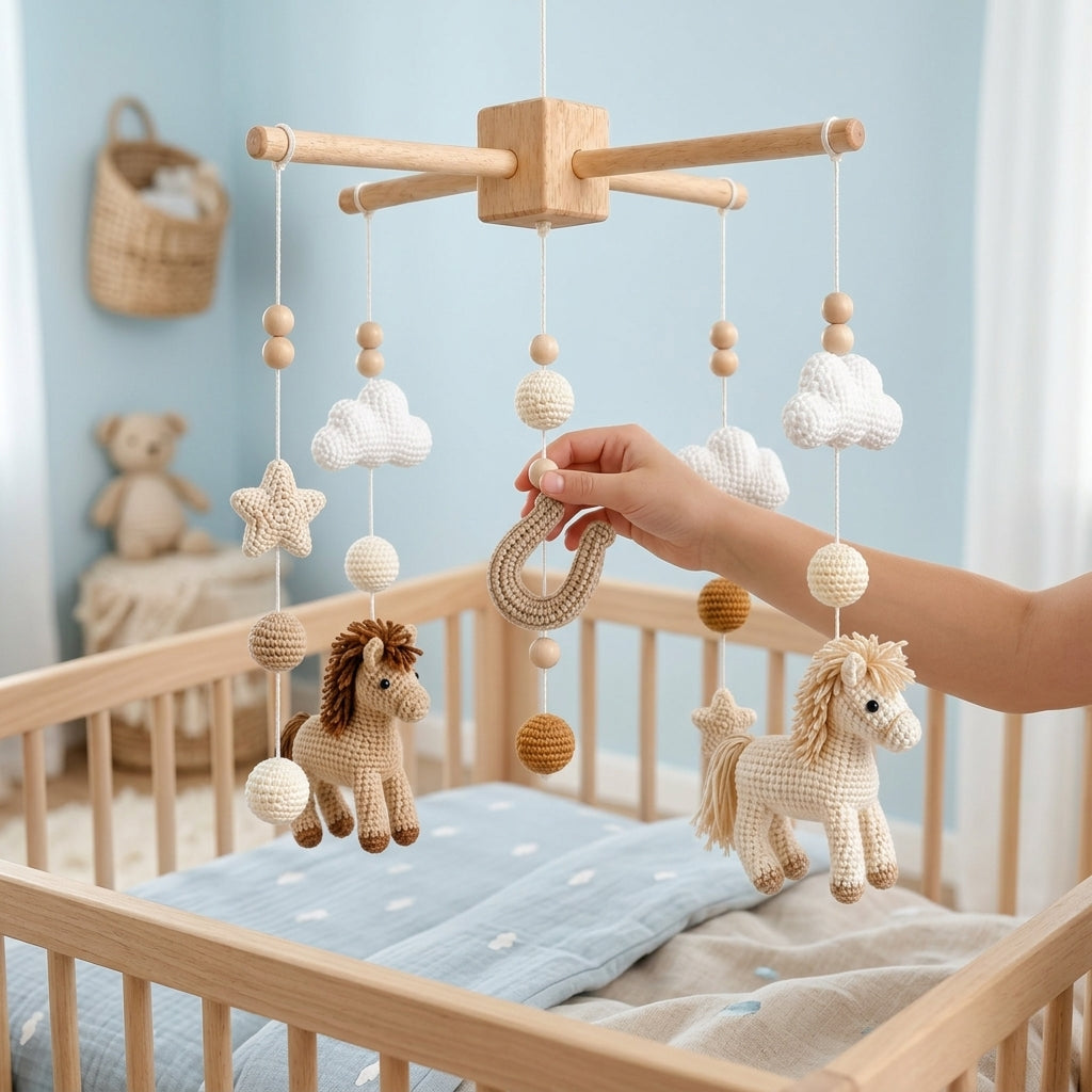 Handmade Crochet Horse Baby Mobile – Neutral Nursery Crib Decor