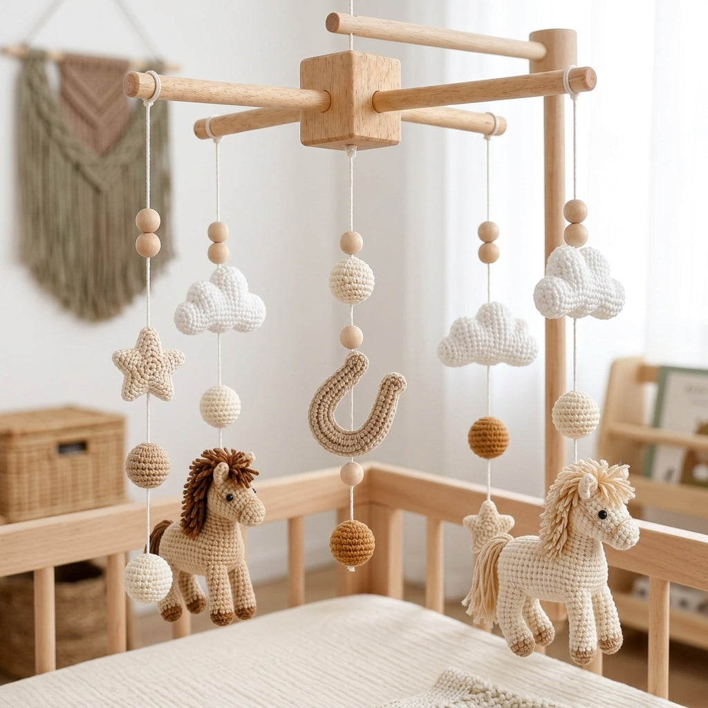 Handmade Crochet Horse Baby Mobile – Neutral Nursery Crib Decor