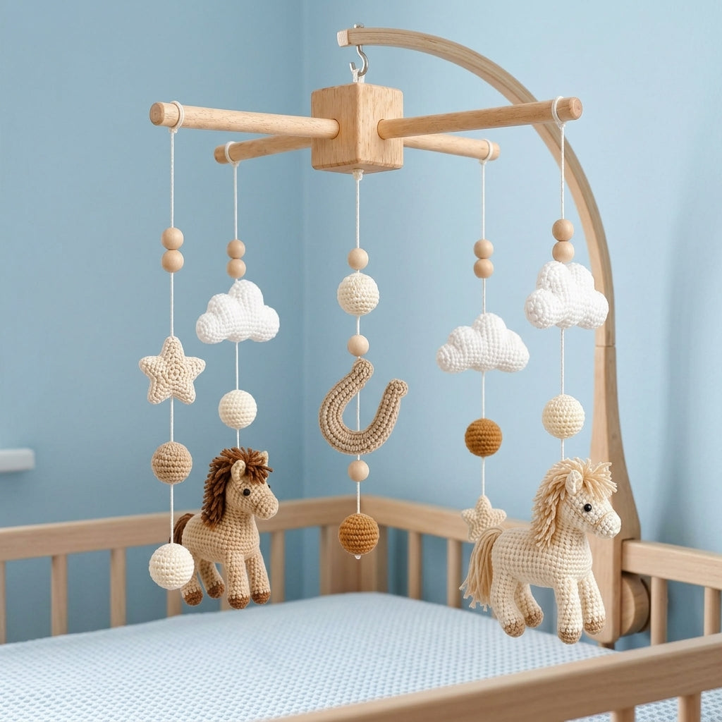 Handmade Crochet Horse Baby Mobile – Neutral Nursery Crib Decor