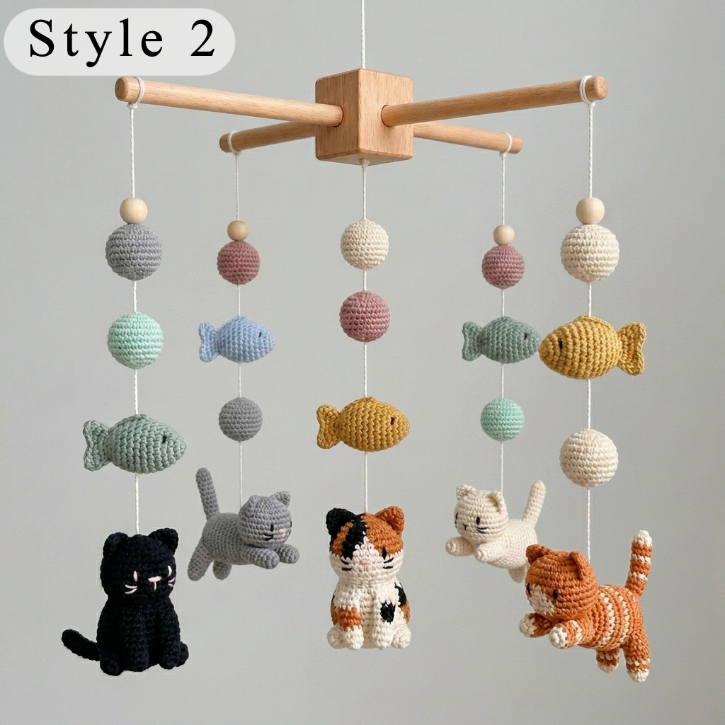 Handmade Crochet Cat Baby Mobile with Fish – Nursery Crib Decor