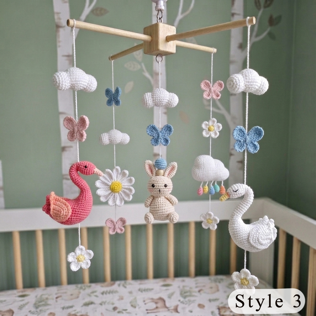 Garden Lake Crochet Baby Mobile, Handmade Swan and Flamingo Crib Hanging with Bunny, Butterflies and Flowers