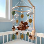 Mother and Baby Squirrel Felt Nursery Mobile, Handmade Acorn Crib Hanging with Oak Leaves and Clouds