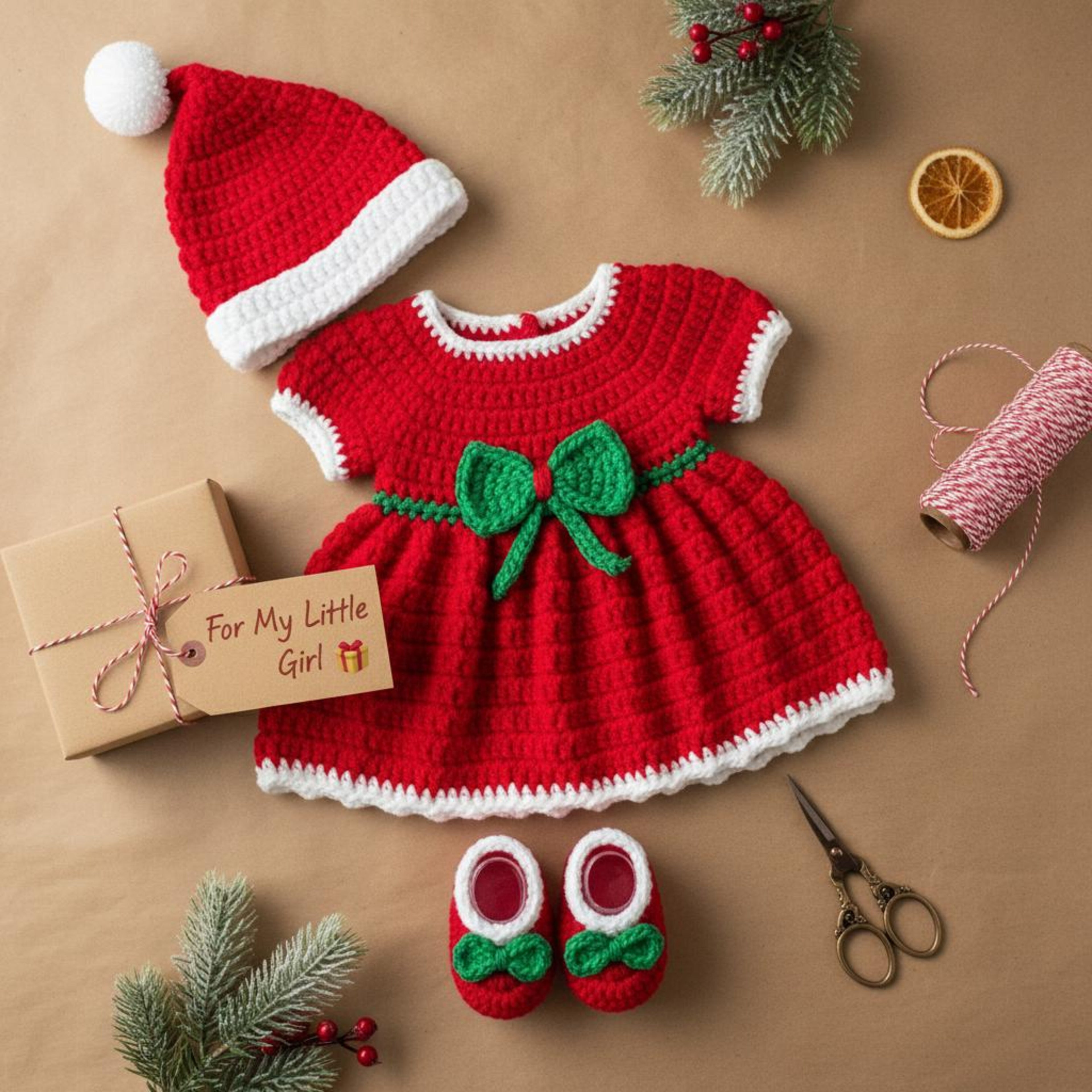 A festive crocheted baby outfit set arranged on a tan background, including a red dress with white trim, a matching Santa hat, red booties with green bows, a gift box, scissors, pine branches, and a spool of pink thread.