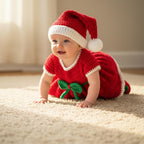 A baby crawling on a beige carpet wearing a red and white crocheted Santa hat and matching outfit with a green bow detail.