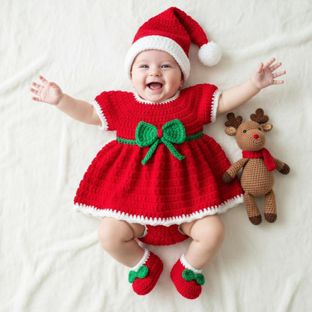 A smiling baby lies on a white fabric background wearing a red and white crocheted holiday outfit with a green bow and matching booties, while a small brown plush reindeer toy sits beside them.