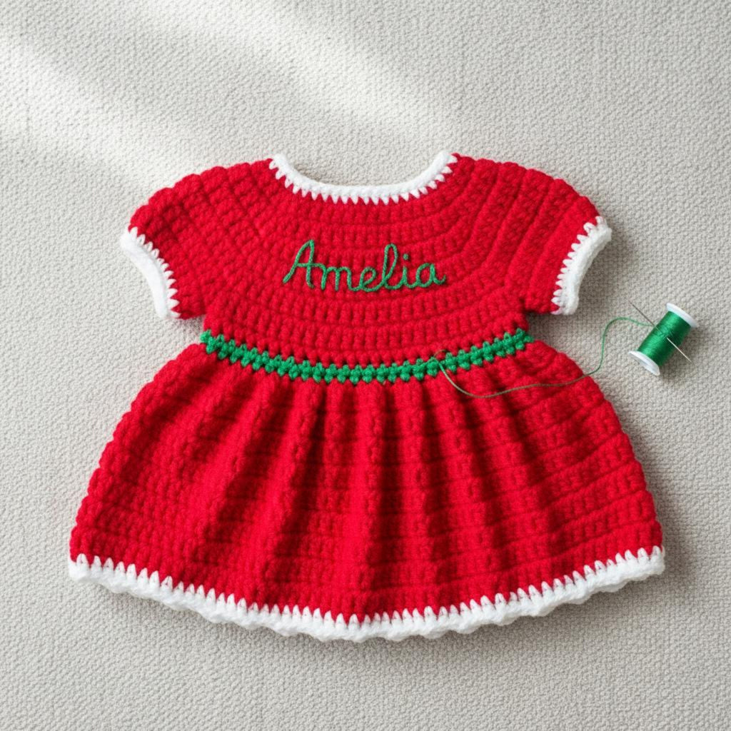 A red crocheted baby dress with short white sleeves, a green waistband, and the name 'Amelia' embroidered in green on the chest. A spool of green thread lies beside it on a light gray textured fabric background.