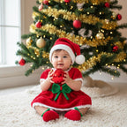 A baby wearing a red and white crocheted Christmas dress with a green bow and matching Santa hat sits on a cream rug in front of a decorated Christmas tree, holding a shiny red ornament.