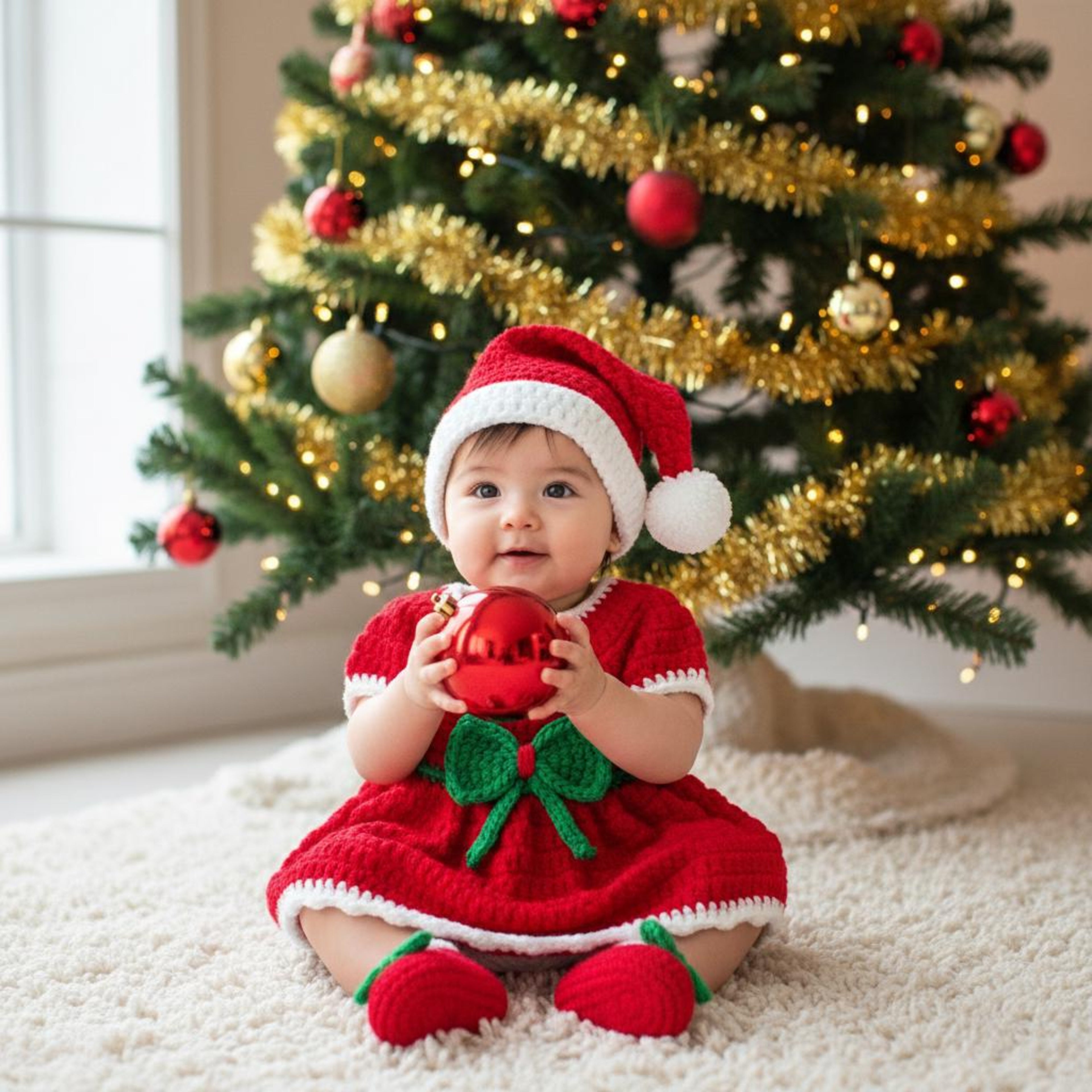 A baby wearing a red and white crocheted Christmas dress with a green bow and matching Santa hat sits on a cream rug in front of a decorated Christmas tree, holding a shiny red ornament.