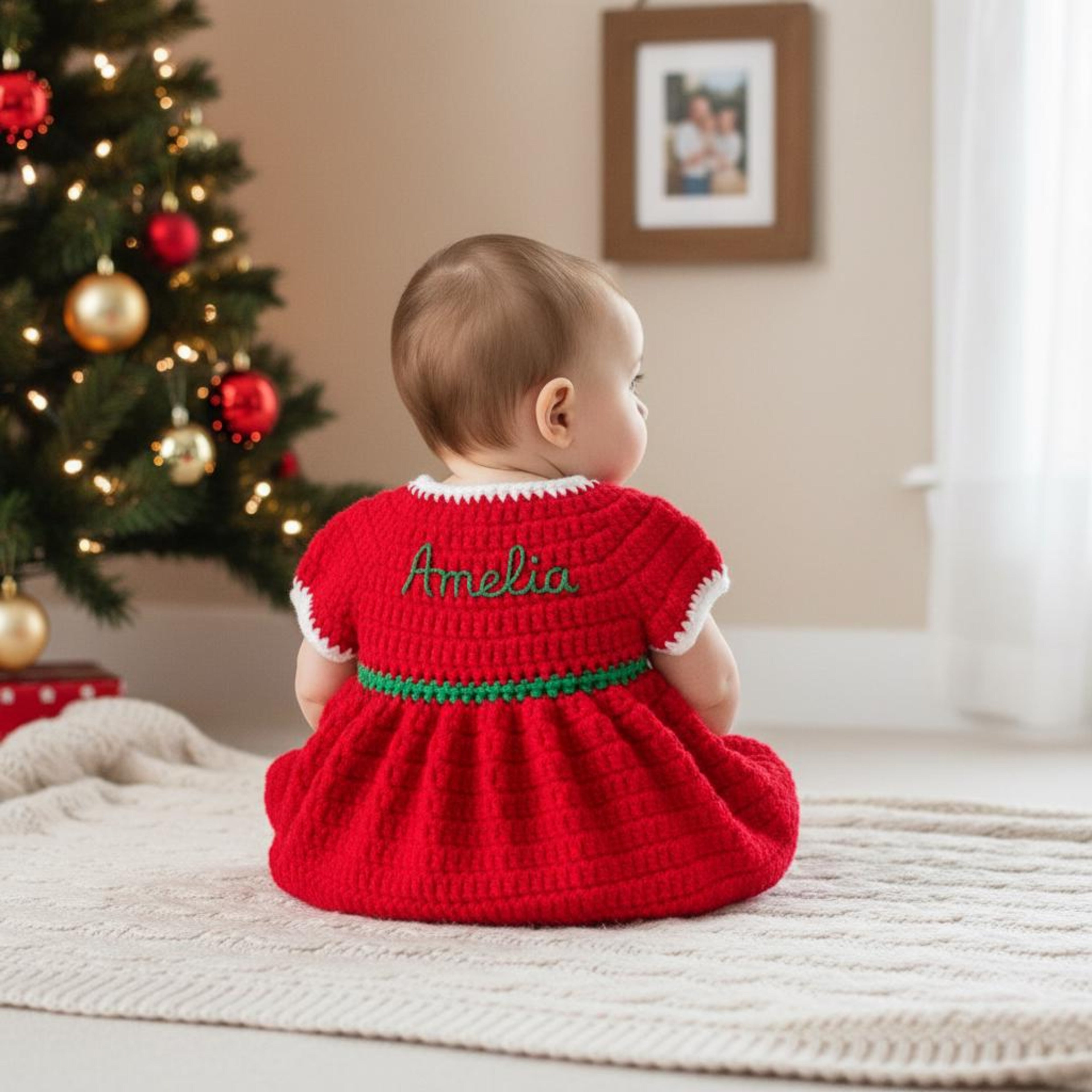 A baby sits on a cream knit rug in a living room, viewed from behind wearing a red crocheted dress with white trim, a green waistband, and the name 'Amelia' embroidered in green on the back. A decorated Christmas tree is visible on the left.