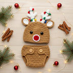 Handmade Crochet Reindeer Baby Outfit, Christmas Antler Hat & Diaper Cover Set, Newborn Photo Prop, Baby’s First Christmas Gift