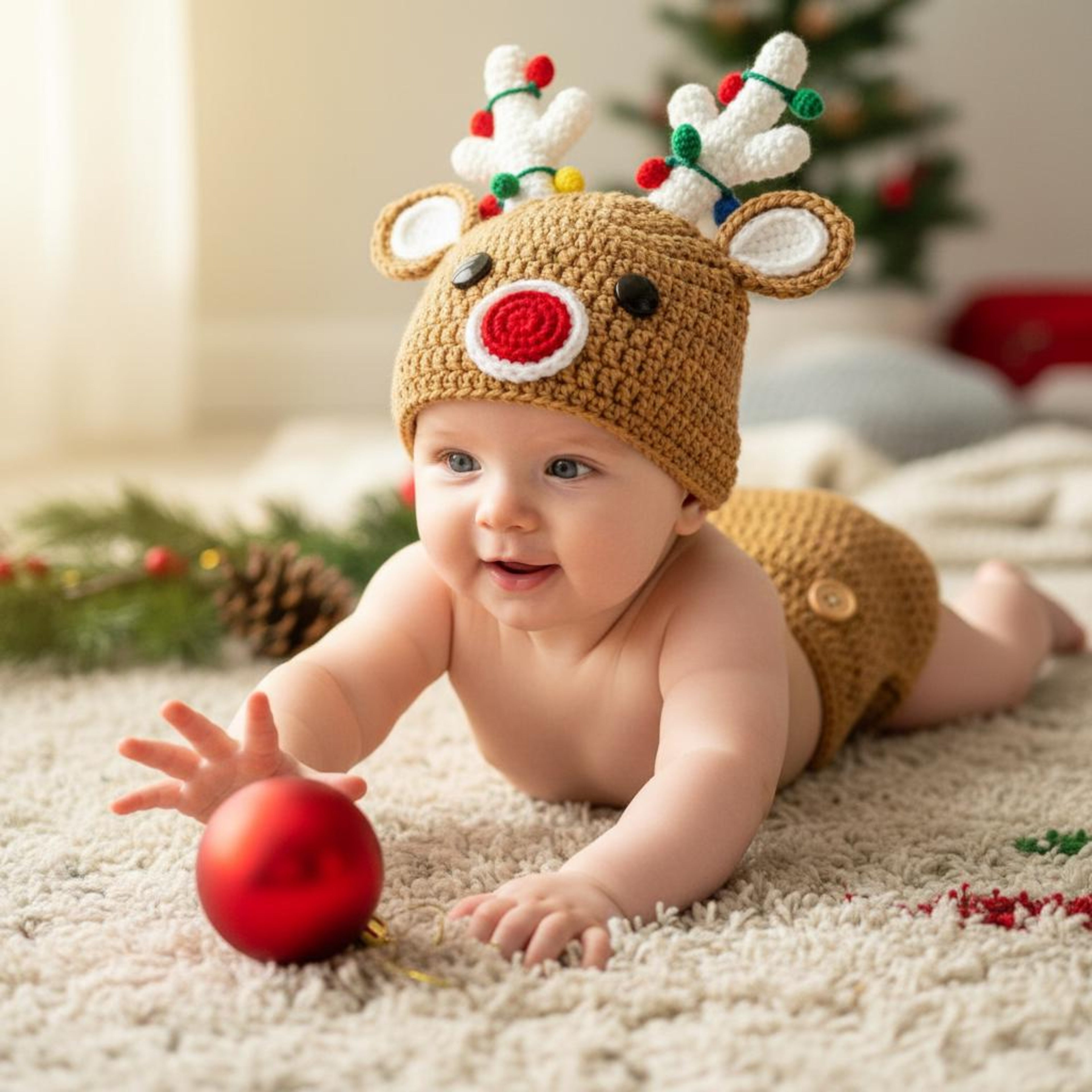 Handmade Crochet Reindeer Baby Outfit, Christmas Antler Hat & Diaper Cover Set, Newborn Photo Prop, Baby’s First Christmas Gift