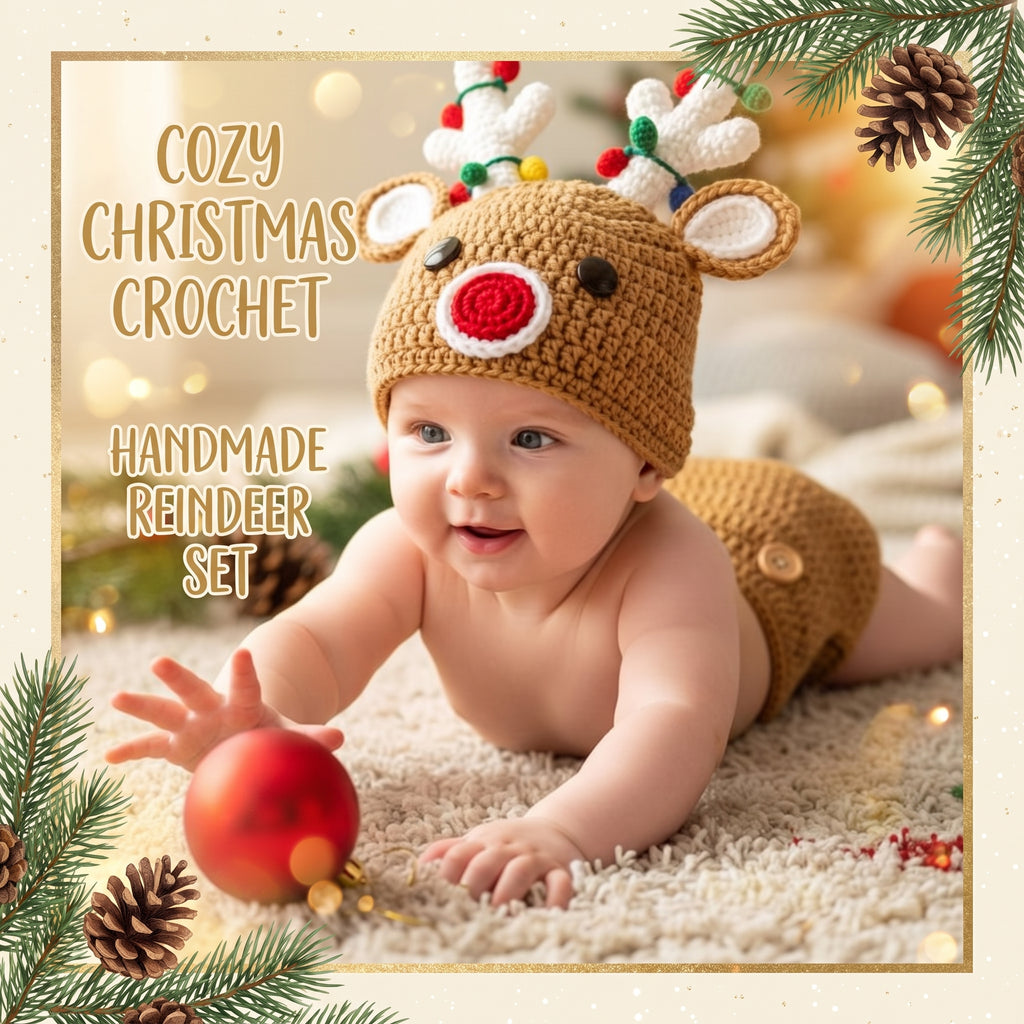 Handmade Crochet Reindeer Baby Outfit, Christmas Antler Hat & Diaper Cover Set, Newborn Photo Prop, Baby’s First Christmas Gift