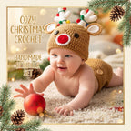 Handmade Crochet Reindeer Baby Outfit, Christmas Antler Hat & Diaper Cover Set, Newborn Photo Prop, Baby’s First Christmas Gift