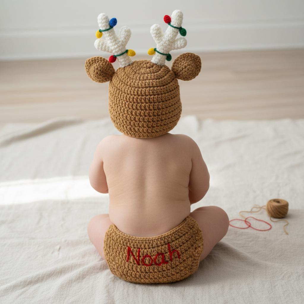 Handmade Crochet Reindeer Baby Outfit, Christmas Antler Hat & Diaper Cover Set, Newborn Photo Prop, Baby’s First Christmas Gift