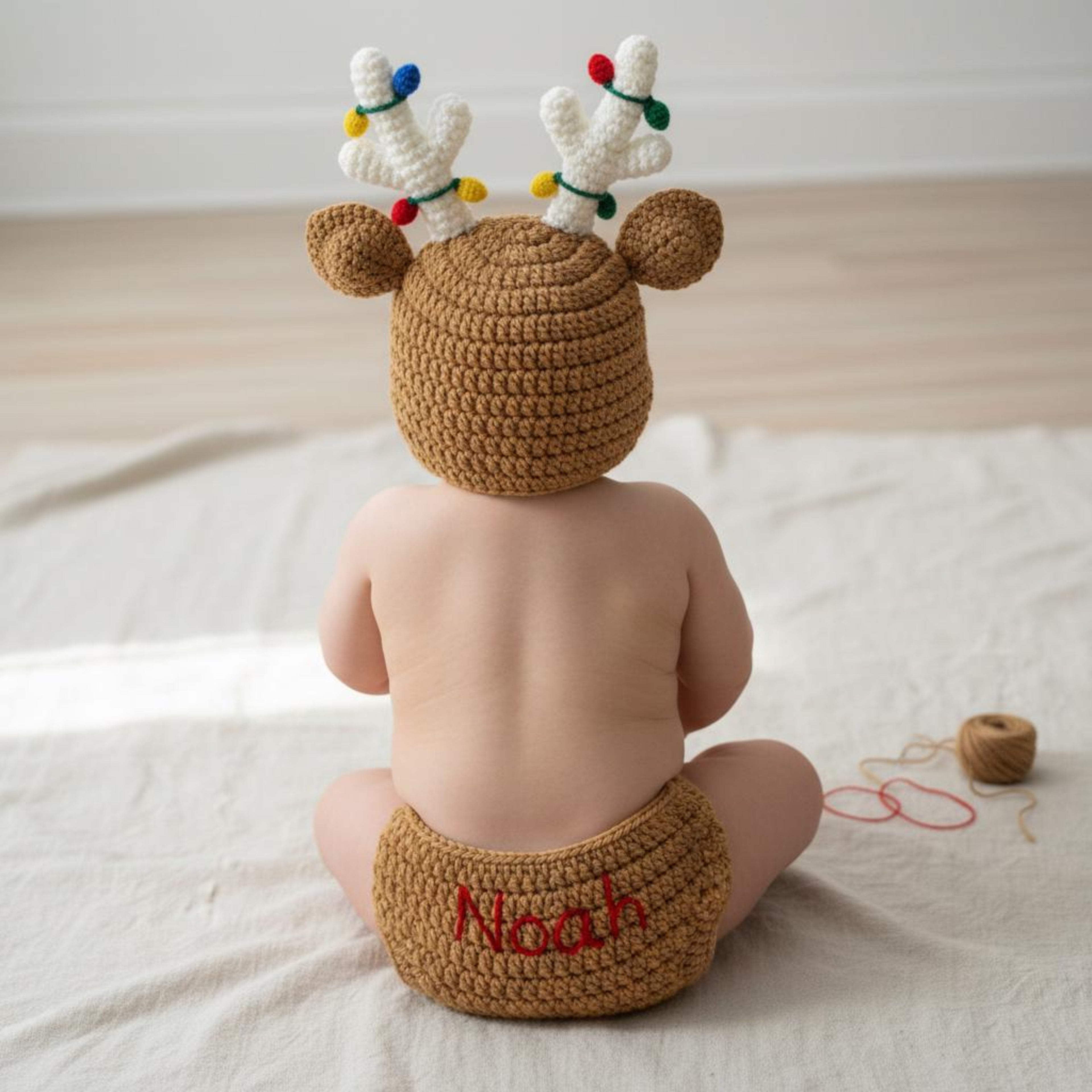 Handmade Crochet Reindeer Baby Outfit, Christmas Antler Hat & Diaper Cover Set, Newborn Photo Prop, Baby’s First Christmas Gift