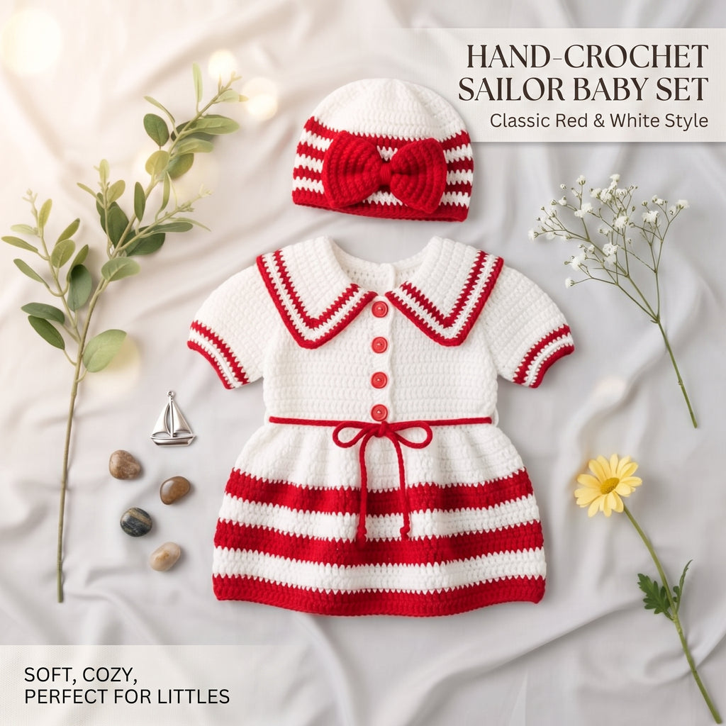Handmade Crochet Baby Dress & Hat Set, Red White Sailor Outfit, Newborn Girl Photo Prop, Christmas Baby Gift