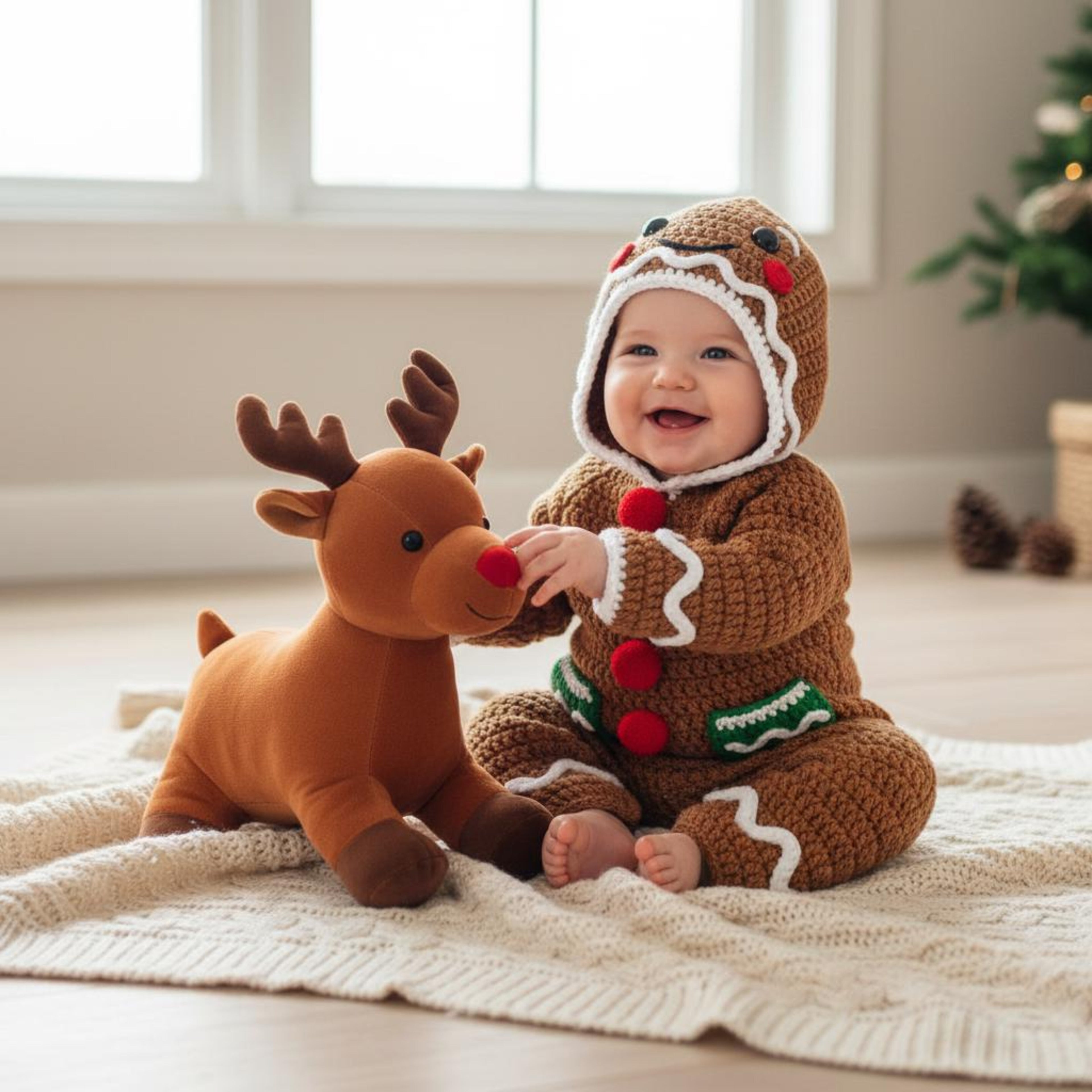 Adorable Crochet Gingerbread Baby Outfit, Handmade Christmas Hooded Romper, Newborn Holiday Photo Prop, Baby’s First Christmas Gift